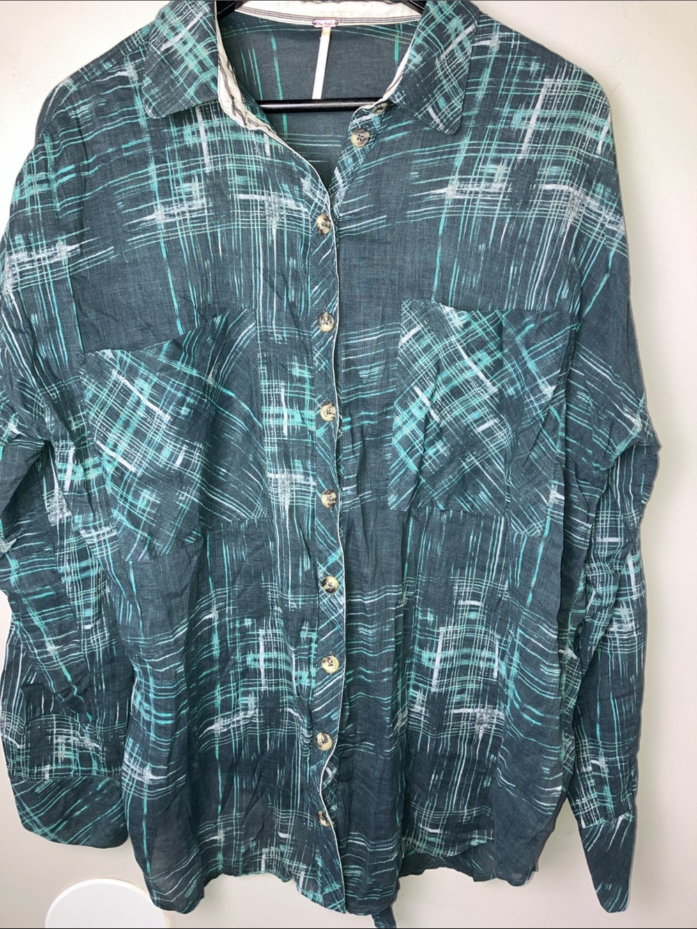 Free People Shore Vibes Green Printed Long Sleeve Button-Down Shirt Size Large